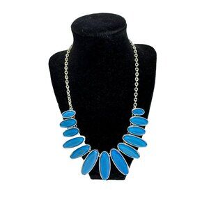 Blu Bib Necklace Silver Tone Enamel Linked Ovals Graduated Adjustable Chain